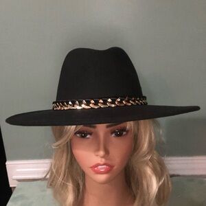 Hat - Elegant wide brim Black Hat with Gold Chain Detail